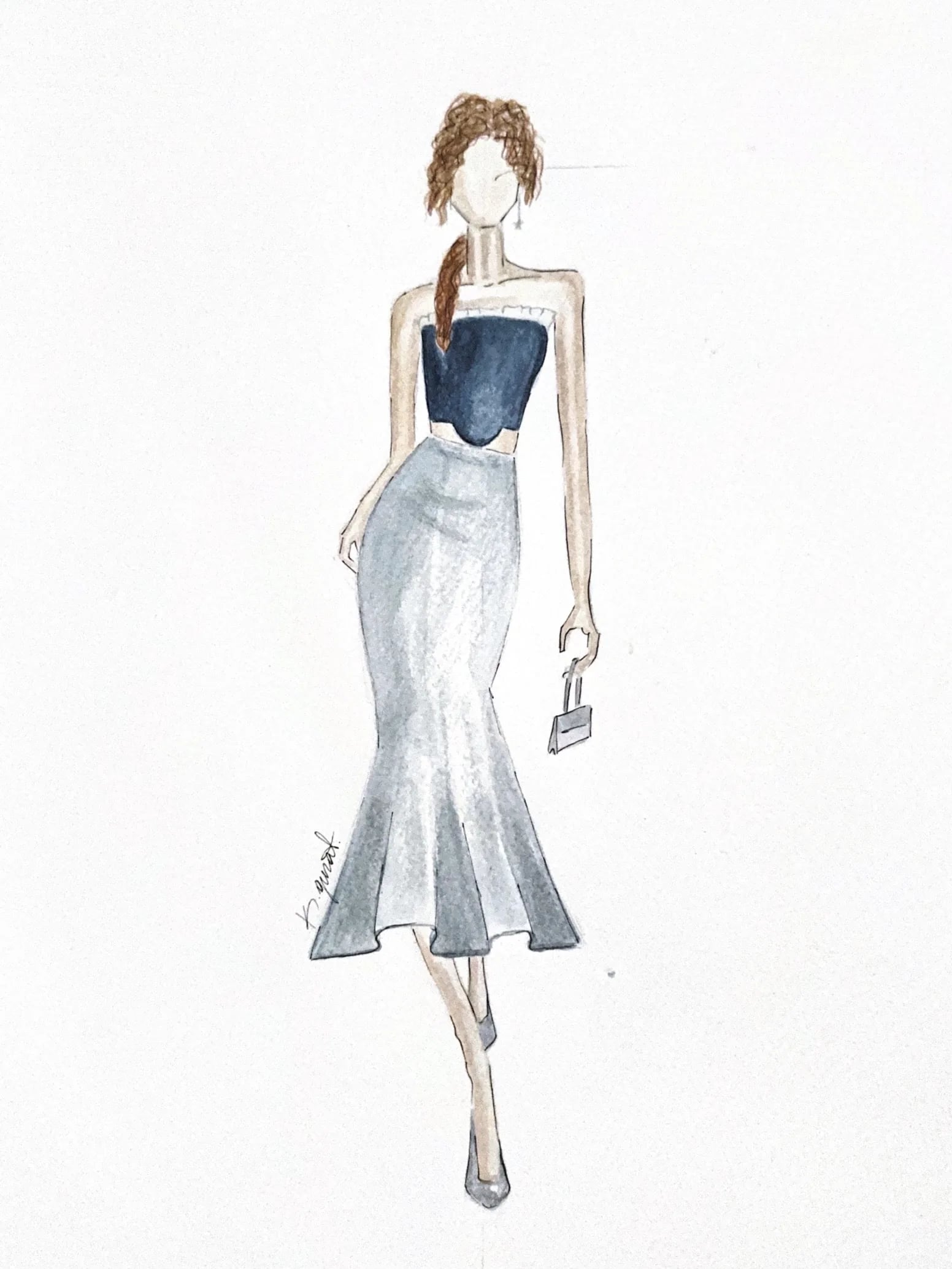 Fashion illustration — Corset & Satin Skirt Duo